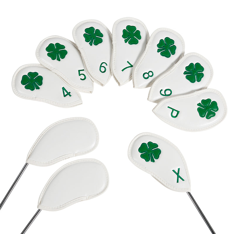 Leather Golf Club Iron Head Covers | 10 Piece Set | White with Green 4 Leaf Clover Shamrock Golf Accessorise FoneFunShop