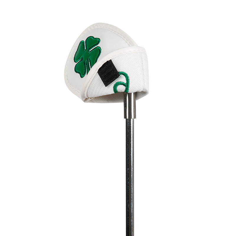Leather Golf Club Iron Head Covers | 10 Piece Set | White with Green 4 Leaf Clover Shamrock Golf Accessorise FoneFunShop