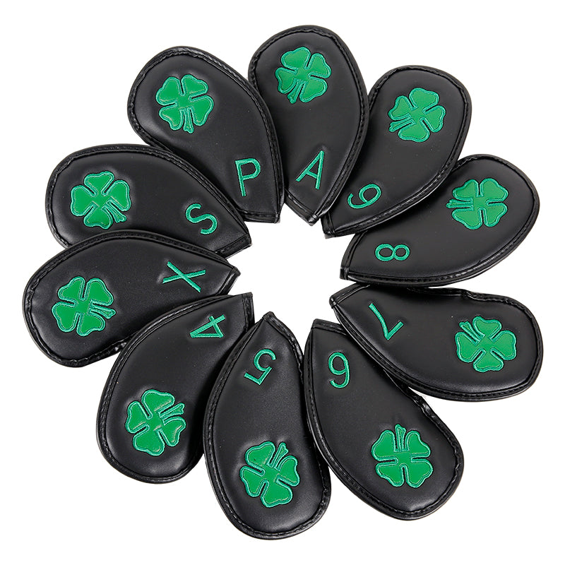 Leather Golf Club Iron Head Covers | 10 Piece Set | Black with Green 4 Leaf Clover Shamrock Golf Accessorise FoneFunShop