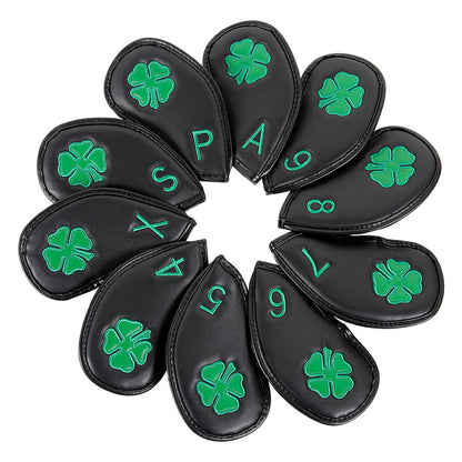 Leather Golf Club Iron Head Covers | 10 Piece Set | Black with Green 4 Leaf Clover Shamrock Golf Accessorise FoneFunShop