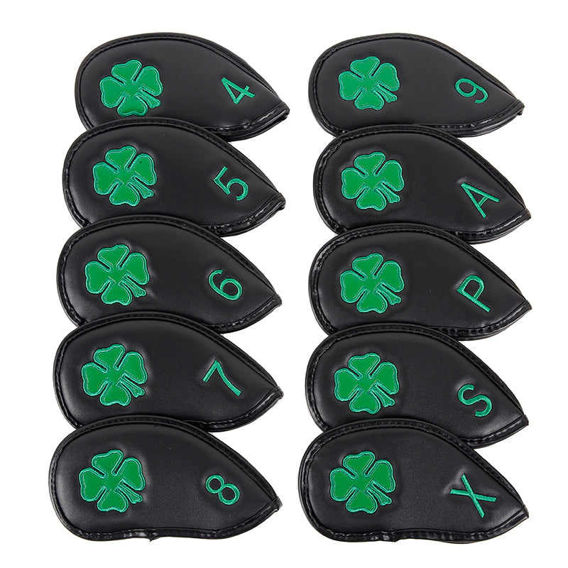 Leather Golf Club Iron Head Covers | 10 Piece Set | Black with Green 4 Leaf Clover Shamrock Golf Accessorise FoneFunShop