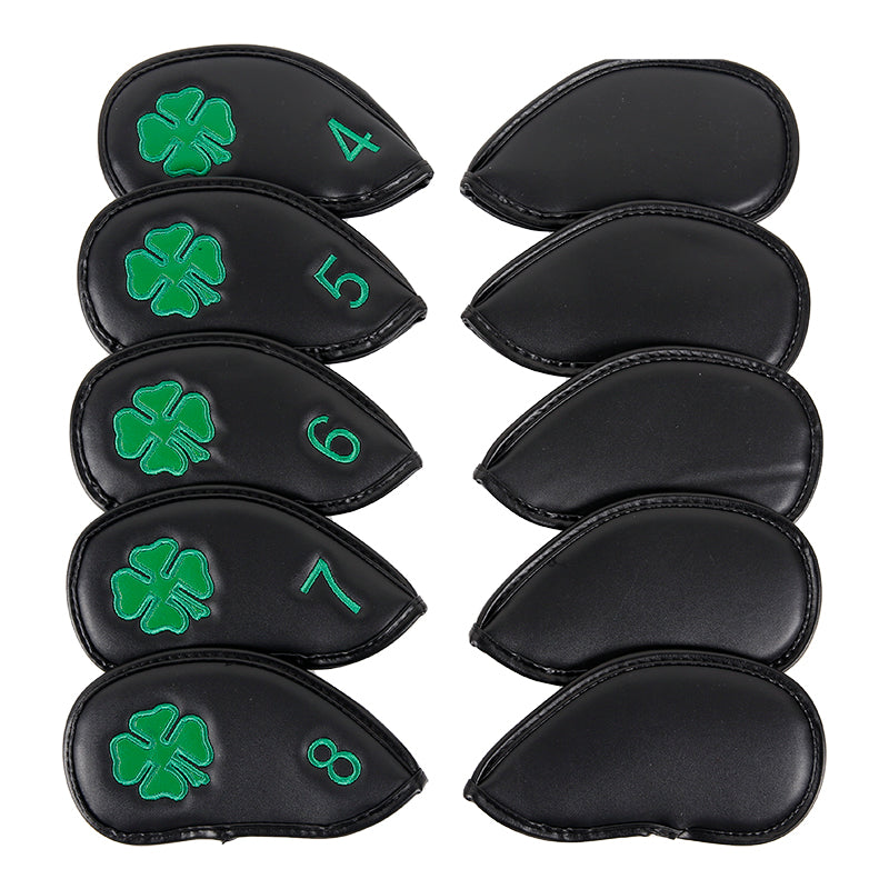 Leather Golf Club Iron Head Covers | 10 Piece Set | Black with Green 4 Leaf Clover Shamrock Golf Accessorise FoneFunShop