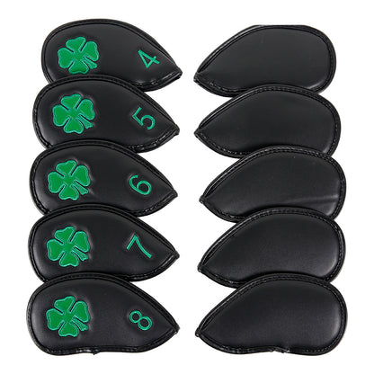 Leather Golf Club Iron Head Covers | 10 Piece Set | Black with Green 4 Leaf Clover Shamrock Golf Accessorise FoneFunShop