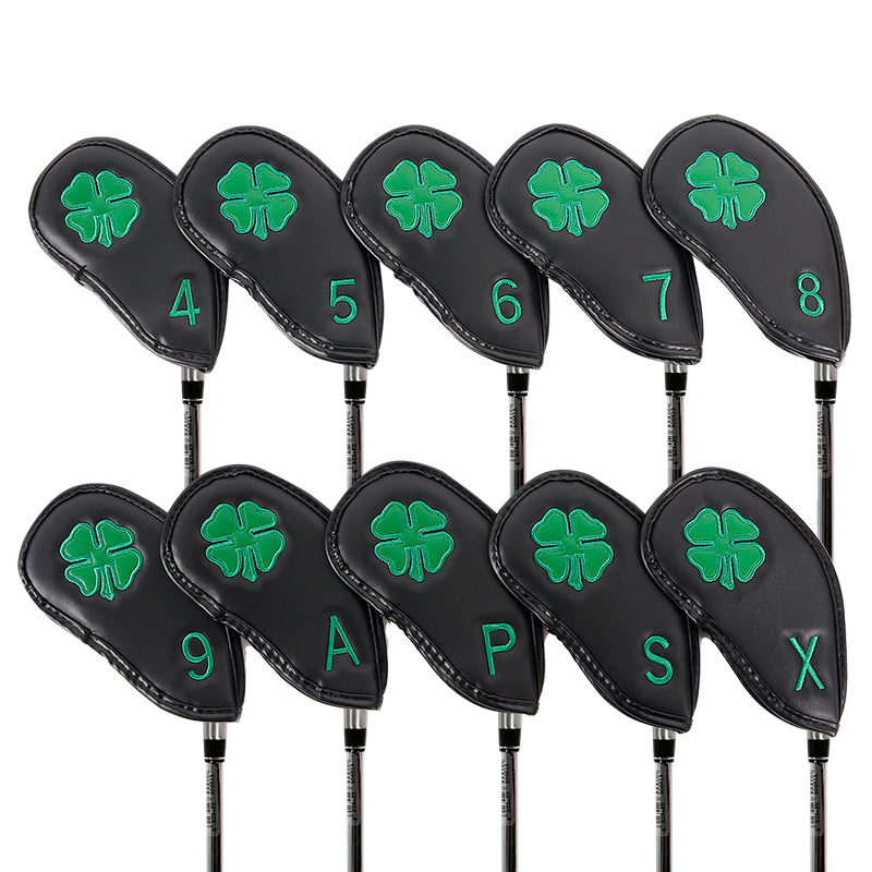 Leather Golf Club Iron Head Covers | 10 Piece Set | Black with Green 4 Leaf Clover Shamrock Golf Accessorise FoneFunShop