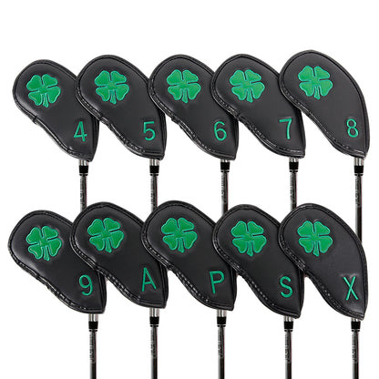 Leather Golf Club Iron Head Covers | 10 Piece Set | Black with Green 4 Leaf Clover Shamrock Golf Accessorise FoneFunShop