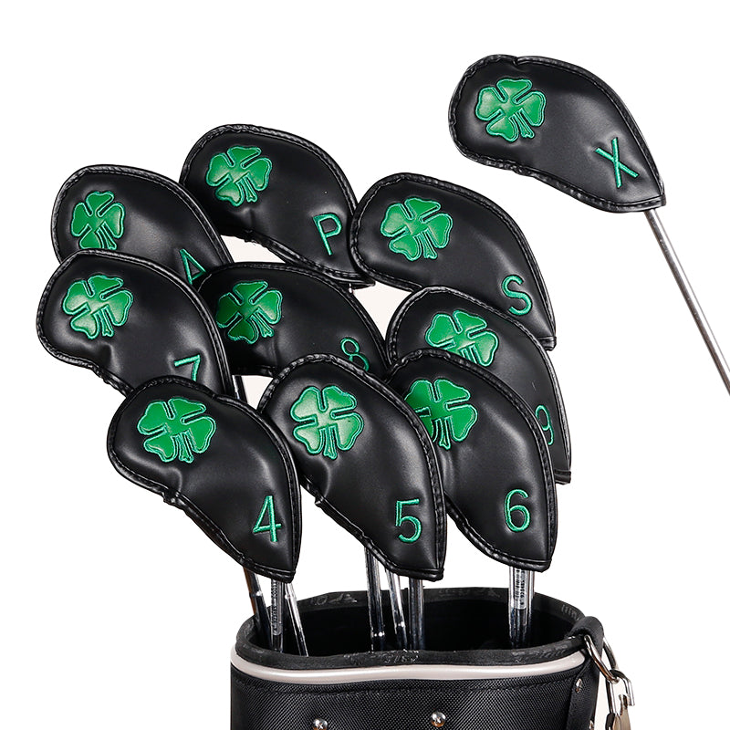 Leather Golf Club Iron Head Covers | 10 Piece Set | Black with Green 4 Leaf Clover Shamrock Golf Accessorise FoneFunShop