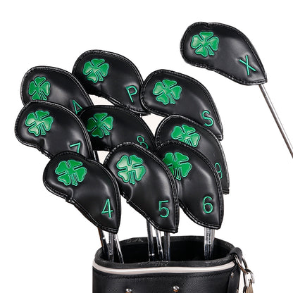 Leather Golf Club Iron Head Covers | 10 Piece Set | Black with Green 4 Leaf Clover Shamrock Golf Accessorise FoneFunShop