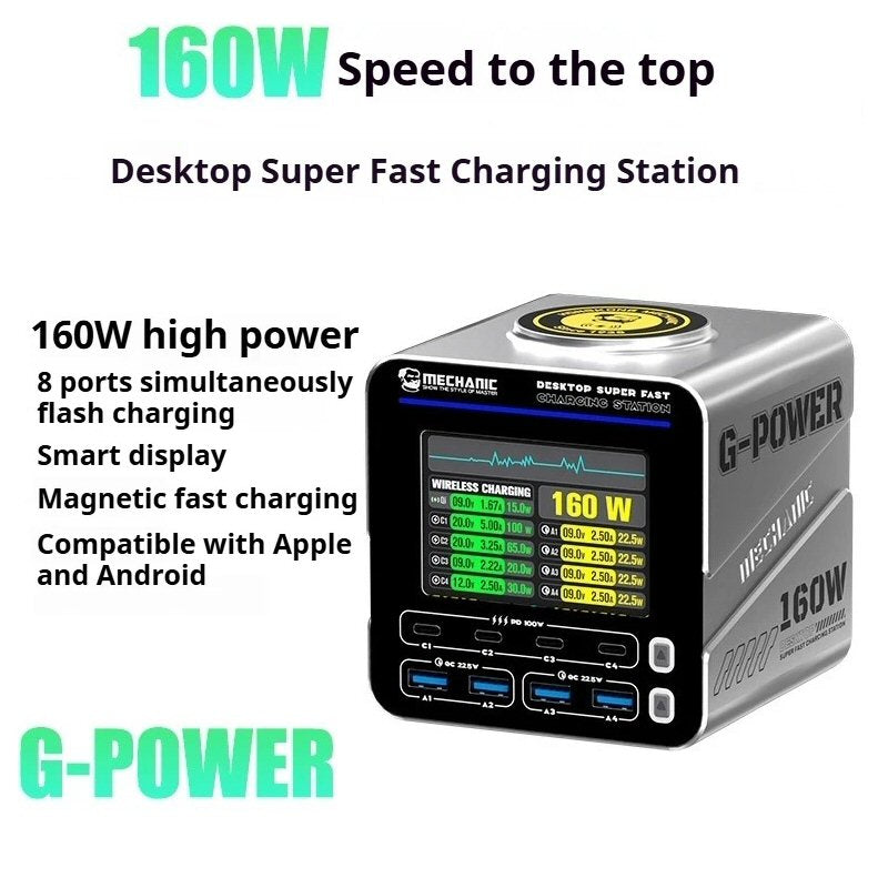 Mechanic G-Power 160W Super Fast Charger 8 Port GAN Wireless 15W PD 240v Charger FoneFunShop