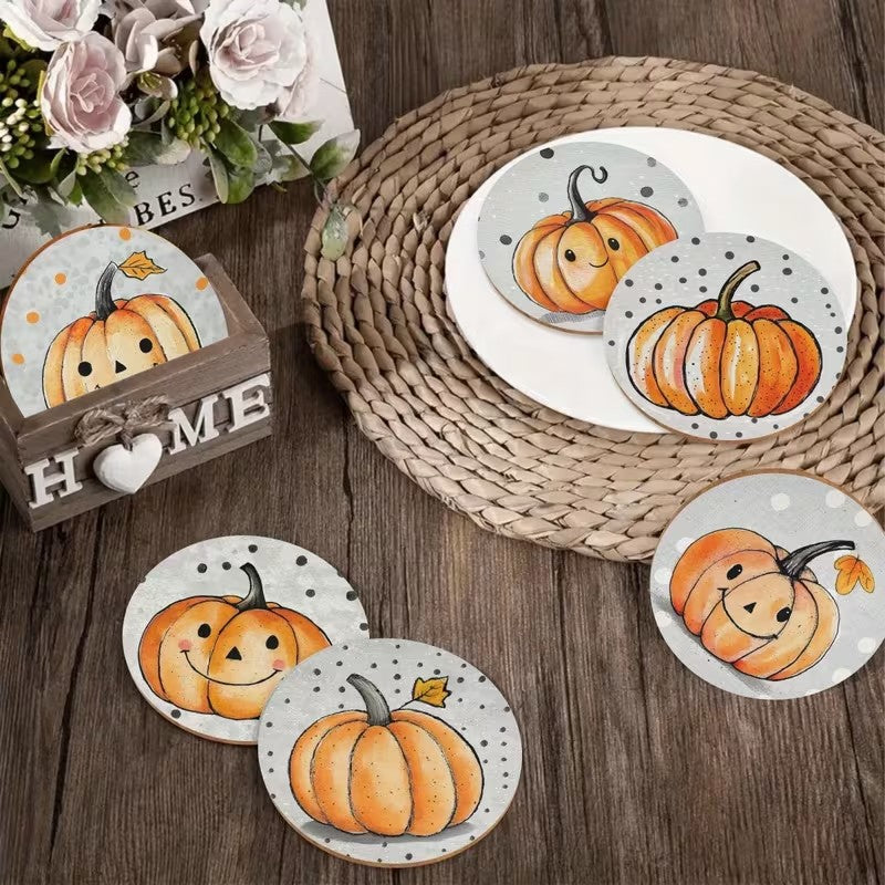 Halloween Hello Autumn 6pc Wooden Coaster Set for Mugs Tumblers Fall Home Decor Halloween Decoration FoneFunShop