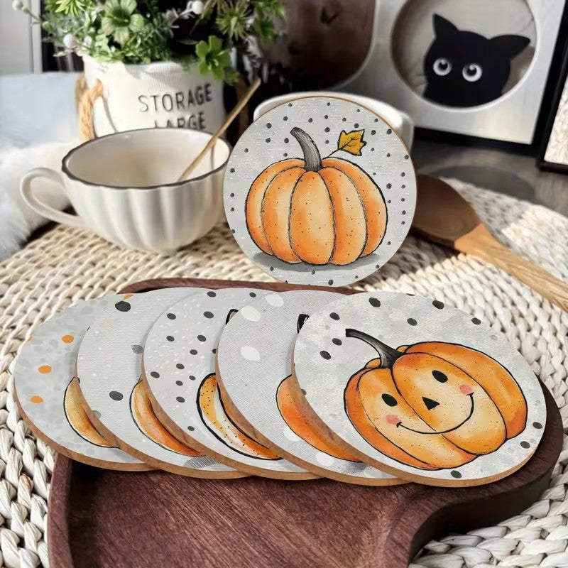 Halloween Hello Autumn 6pc Wooden Coaster Set for Mugs Tumblers Fall Home Decor Halloween Decoration FoneFunShop