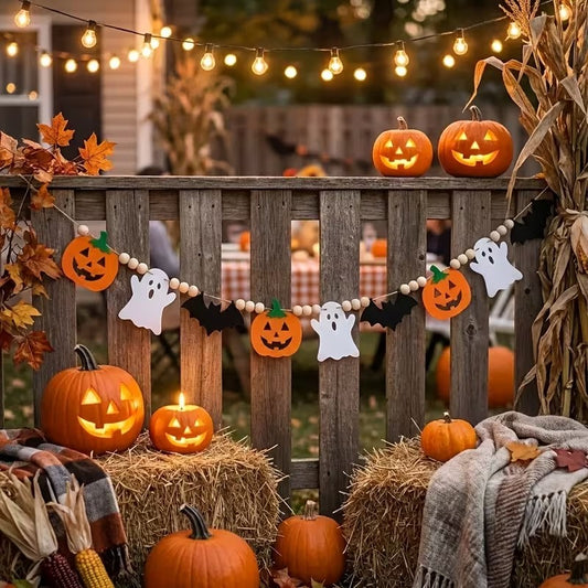Halloween Felt Garland Pumpkins Ghosts Bats Pom-Poms Pre-Assembled Halloween Decoration FoneFunShop