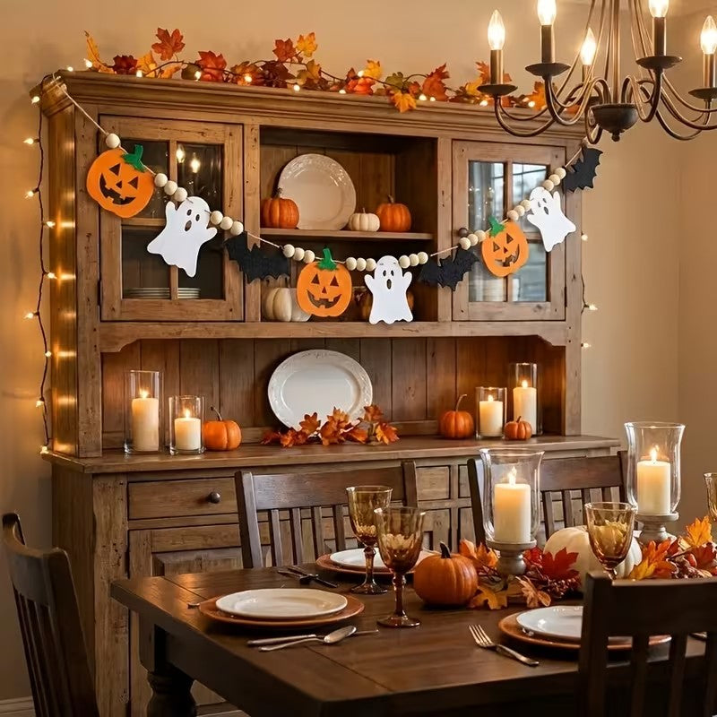 Halloween Felt Garland Pumpkins Ghosts Bats Pom-Poms Pre-Assembled Halloween Decoration FoneFunShop