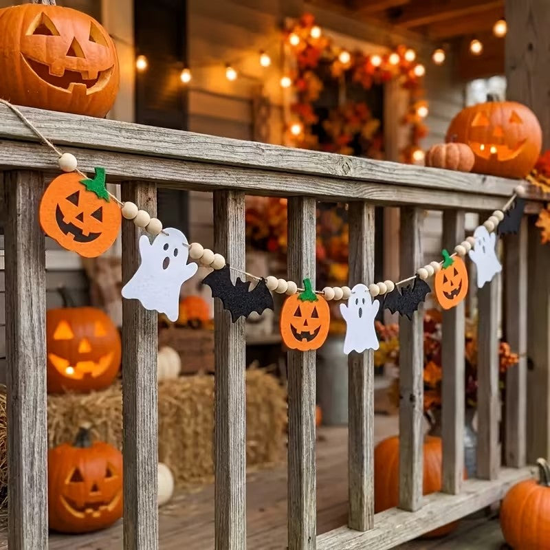 Halloween Felt Garland Pumpkins Ghosts Bats Pom-Poms Pre-Assembled Halloween Decoration FoneFunShop