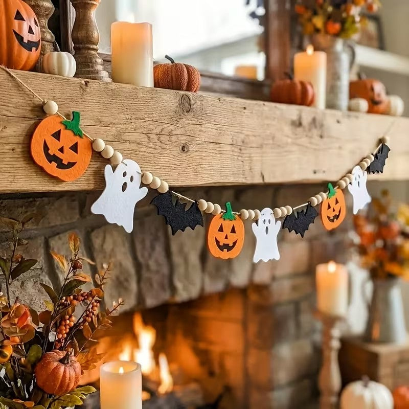 Halloween Felt Garland Pumpkins Ghosts Bats Pom-Poms Pre-Assembled Halloween Decoration FoneFunShop