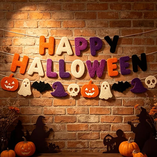 Happy Halloween Felt Banner Orange Purple Black Pumpkin Witch Skull Decor Halloween Decoration FoneFunShop