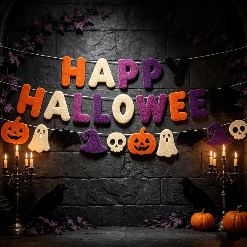 Happy Halloween Felt Banner Orange Purple Black Pumpkin Witch Skull Decor Halloween Decoration FoneFunShop