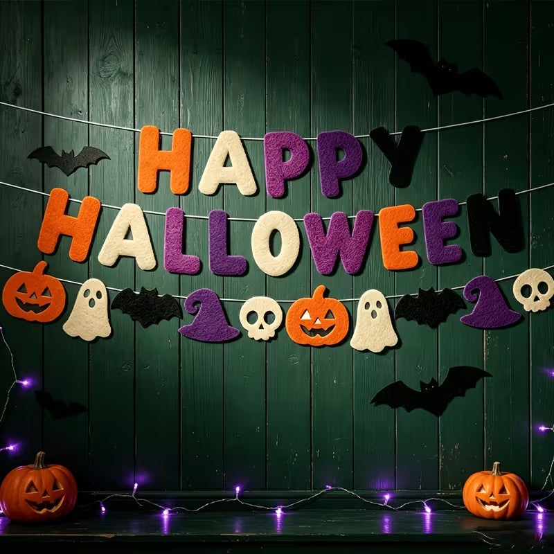 Happy Halloween Felt Banner Orange Purple Black Pumpkin Witch Skull Decor Halloween Decoration FoneFunShop