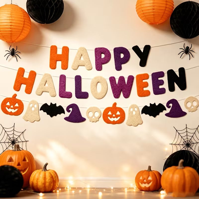 Happy Halloween Felt Banner Orange Purple Black Pumpkin Witch Skull Decor Halloween Decoration FoneFunShop