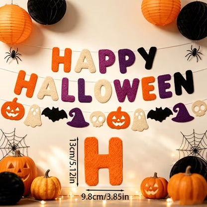 Happy Halloween Felt Banner Orange Purple Black Pumpkin Witch Skull Decor Halloween Decoration FoneFunShop