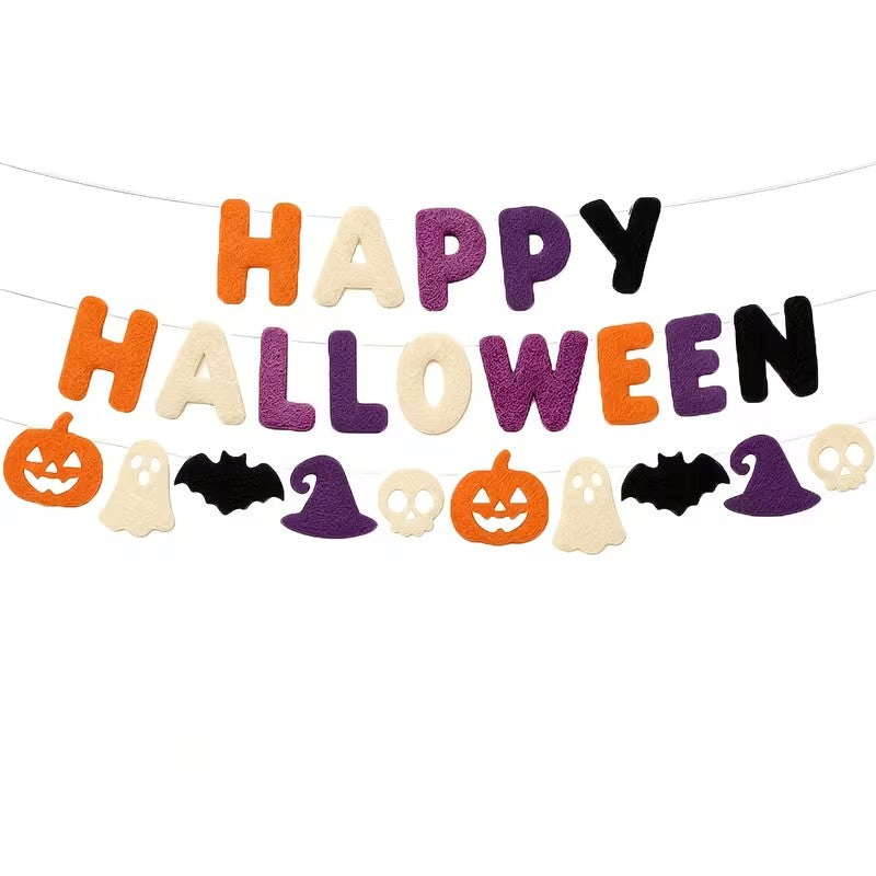 Happy Halloween Felt Banner Orange Purple Black Pumpkin Witch Skull Decor Halloween Decoration FoneFunShop