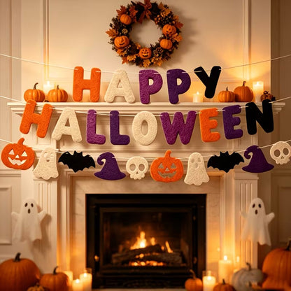 Happy Halloween Felt Banner Orange Purple Black Pumpkin Witch Skull Decor Halloween Decoration FoneFunShop