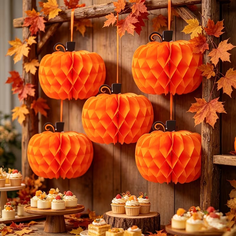 Halloween 5pc Pumpkin Honeycomb Paper Balls Thanksgiving Party Decor Halloween Decoration FoneFunShop