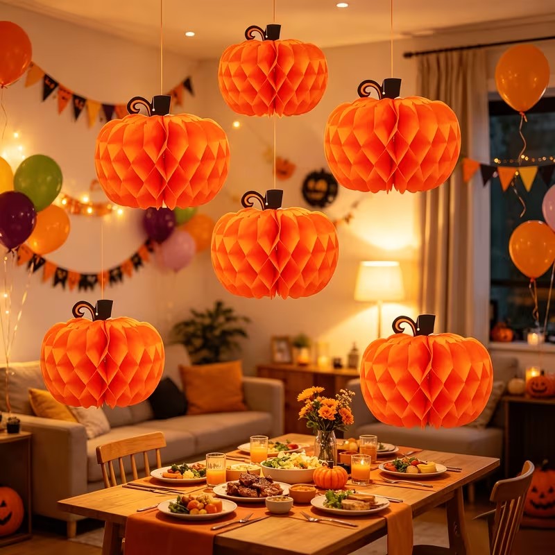 Halloween 5pc Pumpkin Honeycomb Paper Balls Thanksgiving Party Decor Halloween Decoration FoneFunShop