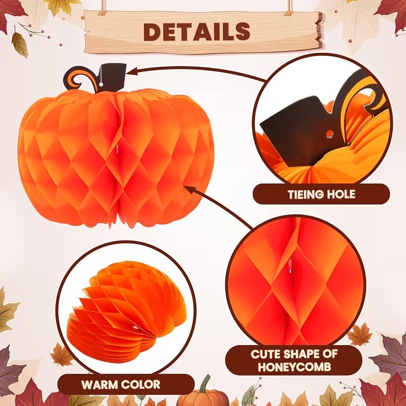 Halloween 5pc Pumpkin Honeycomb Paper Balls Thanksgiving Party Decor Halloween Decoration FoneFunShop