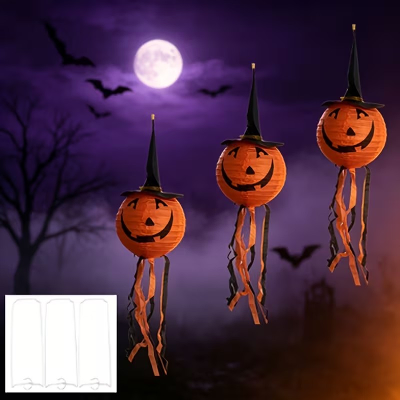 Halloween 3pc Set of Pumpkin Paper Lanterns with Witch Hat Tassels