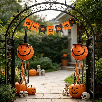 Halloween 3pc Set of Pumpkin Paper Lanterns with Witch Hat Tassels