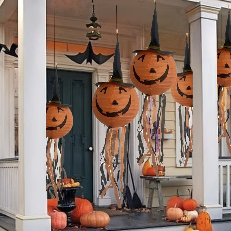 Halloween 3pc Set of Pumpkin Paper Lanterns with Witch Hat Tassels