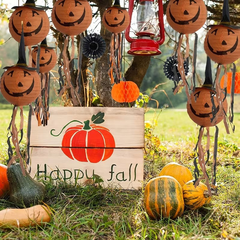 Halloween 3pc Set of Pumpkin Paper Lanterns with Witch Hat Tassels