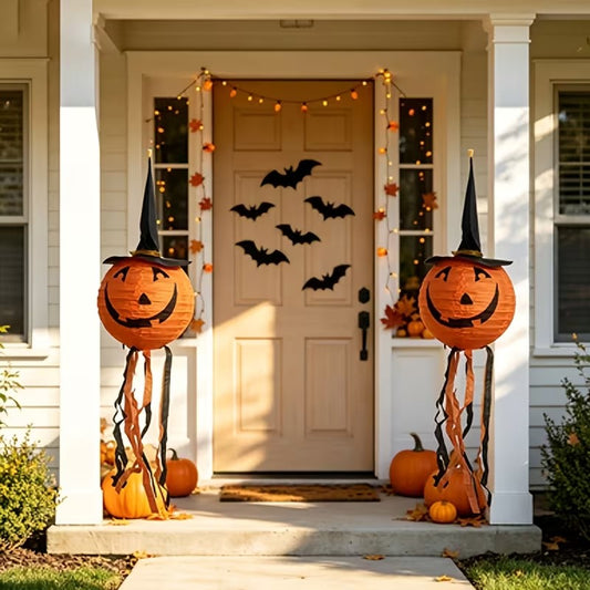 Halloween 3pc Set of Pumpkin Paper Lanterns with Witch Hat Tassels
