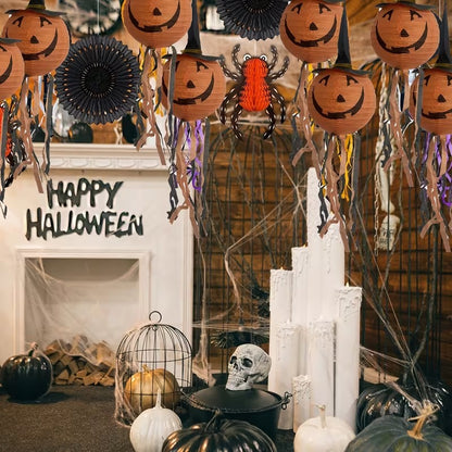 Halloween 3pc Set of Pumpkin Paper Lanterns with Witch Hat Tassels