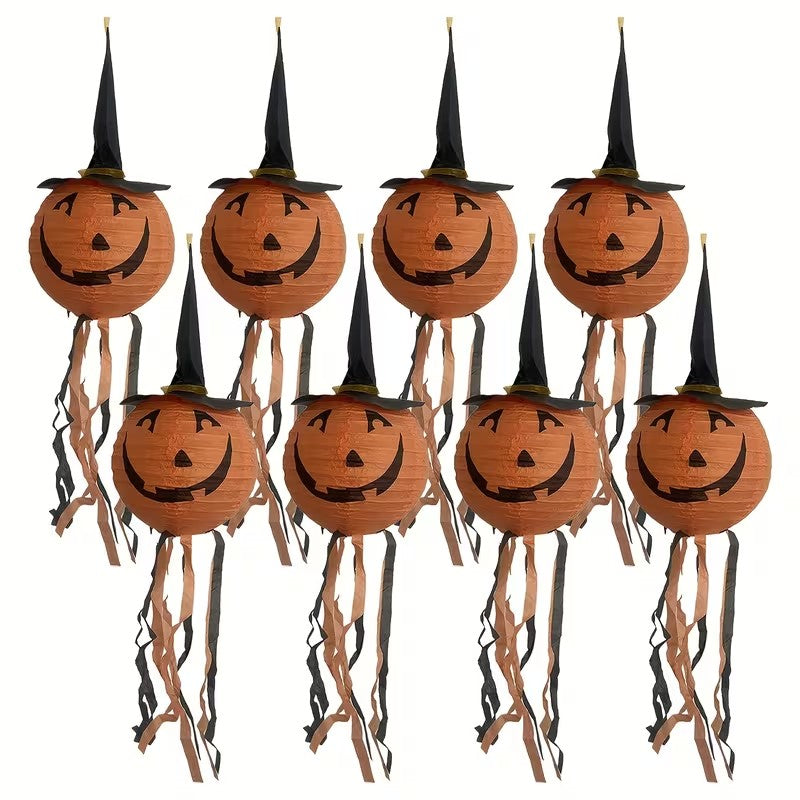 Halloween 3pc Set of Pumpkin Paper Lanterns with Witch Hat Tassels