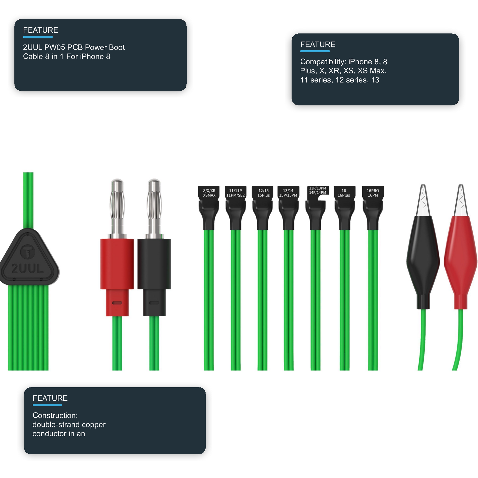 2UUL PW05 PCB Power Boot Cable 8 in 1 For iPhone 8 to 16 Pro Max DC Power Supply Phone Repair Tool FoneFunShop
