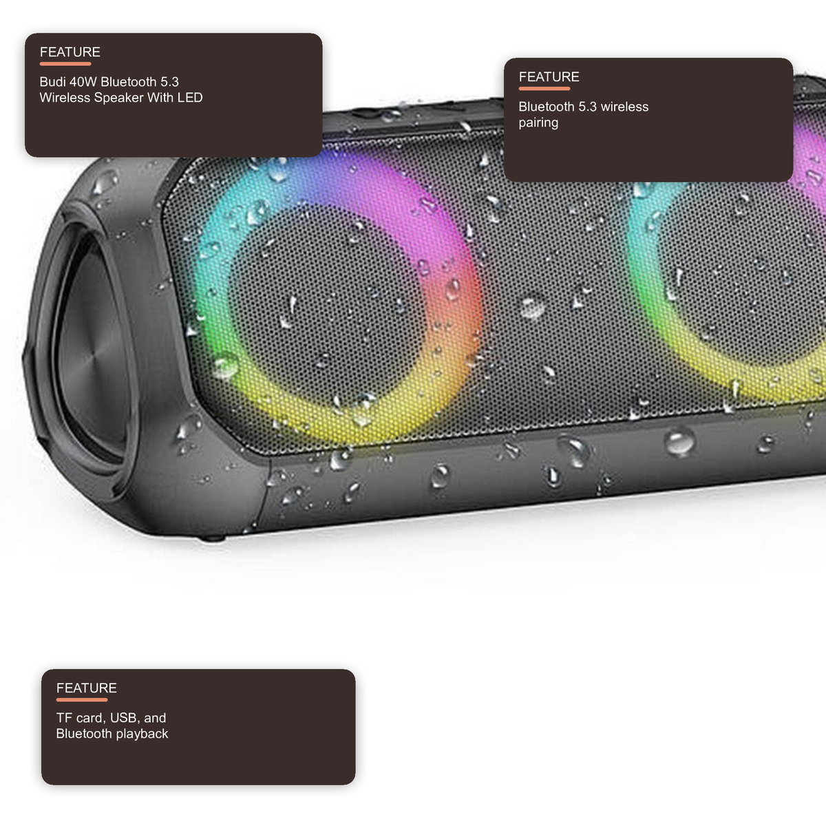Budi 40W Bluetooth 5.3 Wireless Speaker With LED Black Speaker FoneFunShop