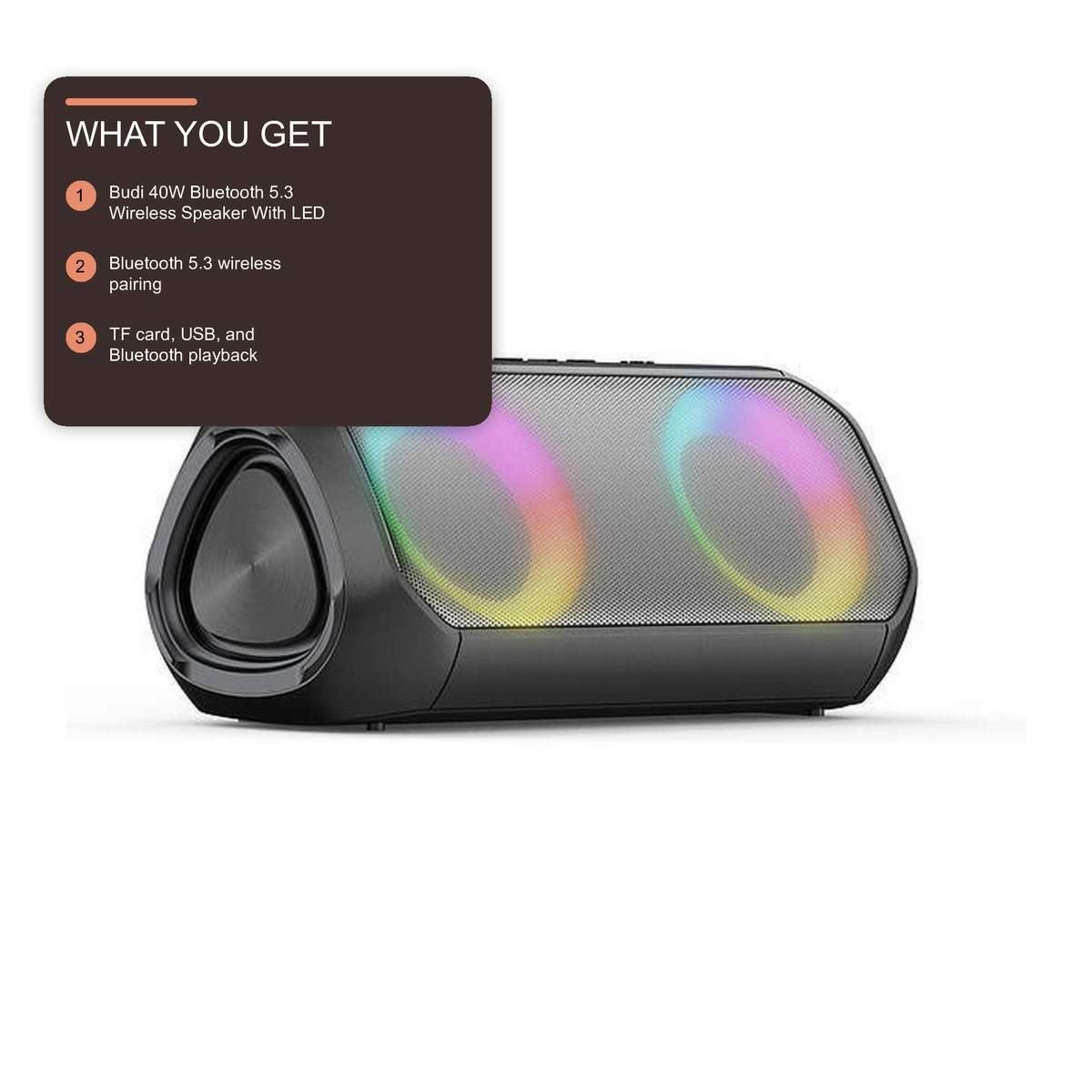 Budi 40W Bluetooth 5.3 Wireless Speaker With LED Black Speaker FoneFunShop