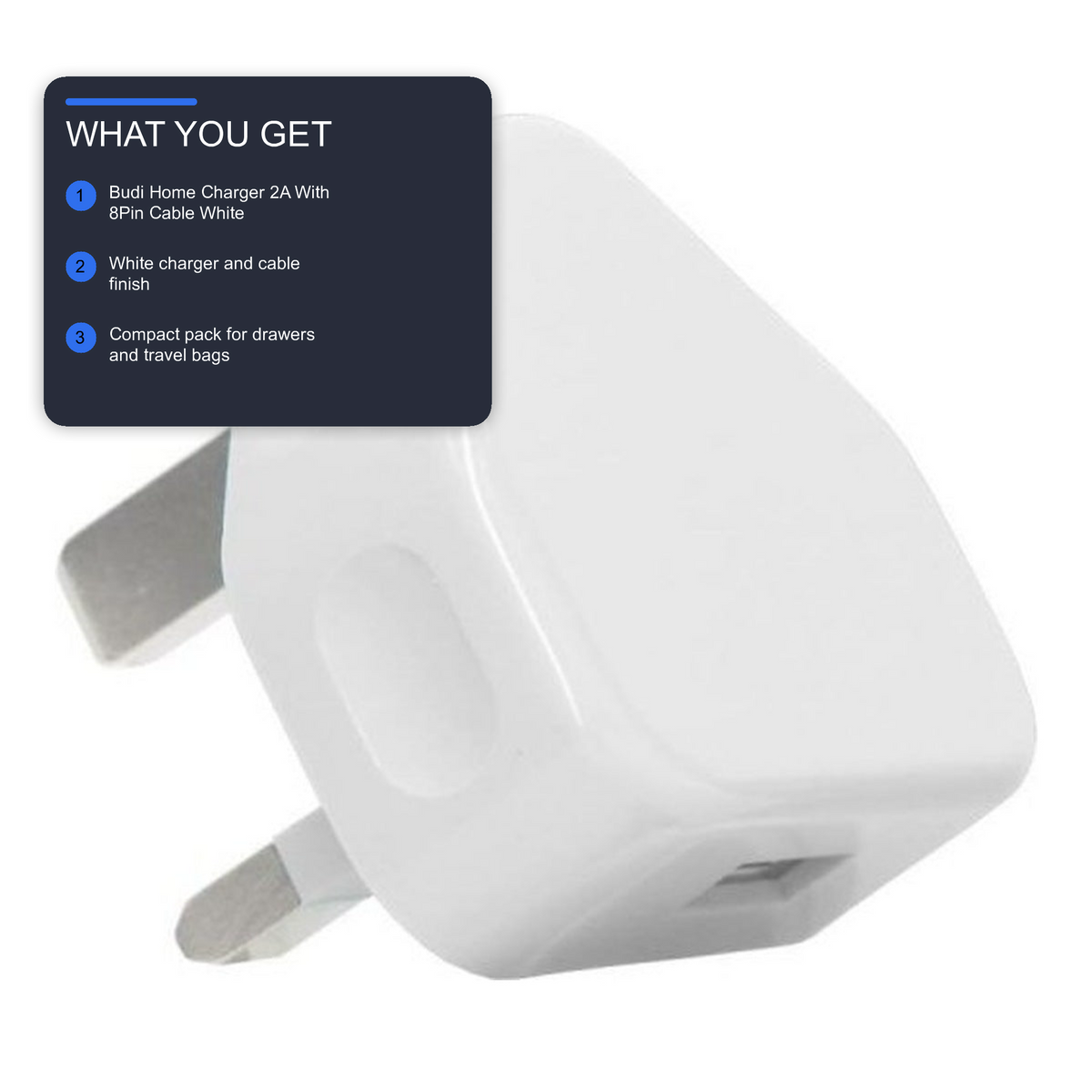Budi Home Charger 2A With 8Pin Cable White Charger Budi