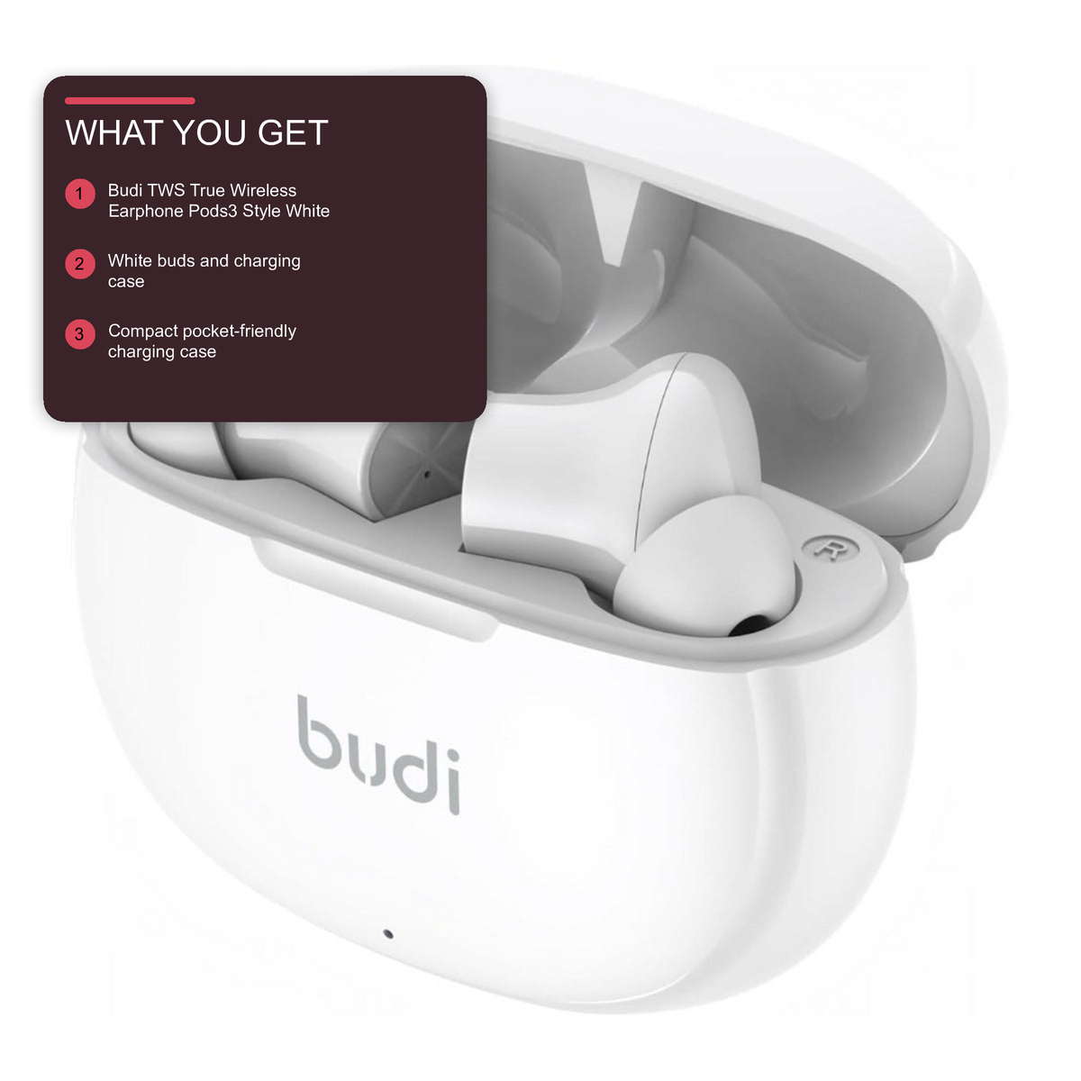Budi TWS True Wireless Earphone Pods3 Style White Earphones Budi