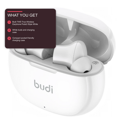 Budi TWS True Wireless Earphone Pods3 Style White Earphones Budi