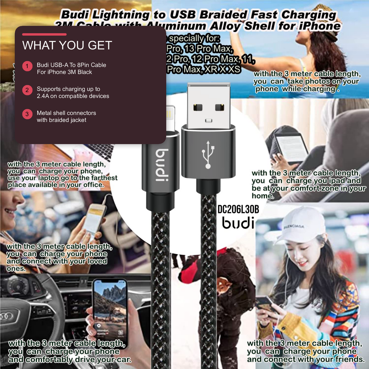 Budi USB-A To 8Pin Cable For iPhone 3M Black Cable Budi