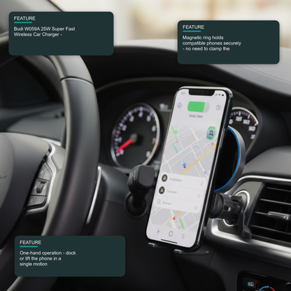 Budi W059A 25W Super Fast Wireless Car Charger - Magnetic Vent Mount Car Charger FoneFunShop