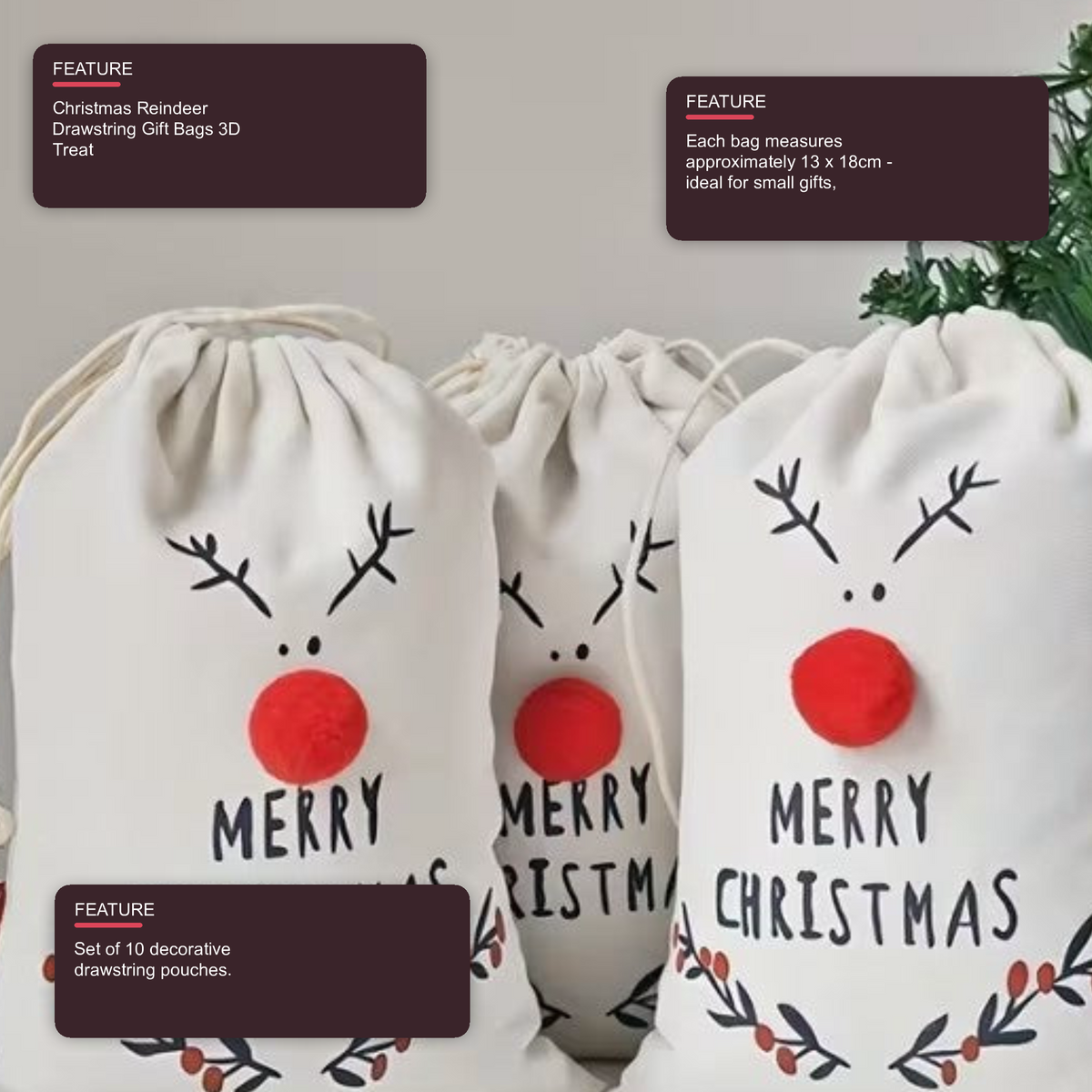 Christmas Reindeer Drawstring Gift Bags 3D Treat Canvas Party Pouches - Pack of 5 Christmas FoneFunShop