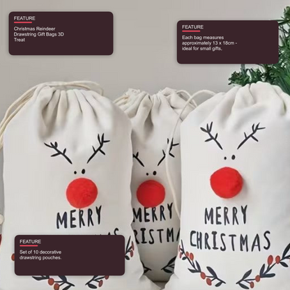 Christmas Reindeer Drawstring Gift Bags 3D Treat Canvas Party Pouches - Pack of 5 Christmas FoneFunShop