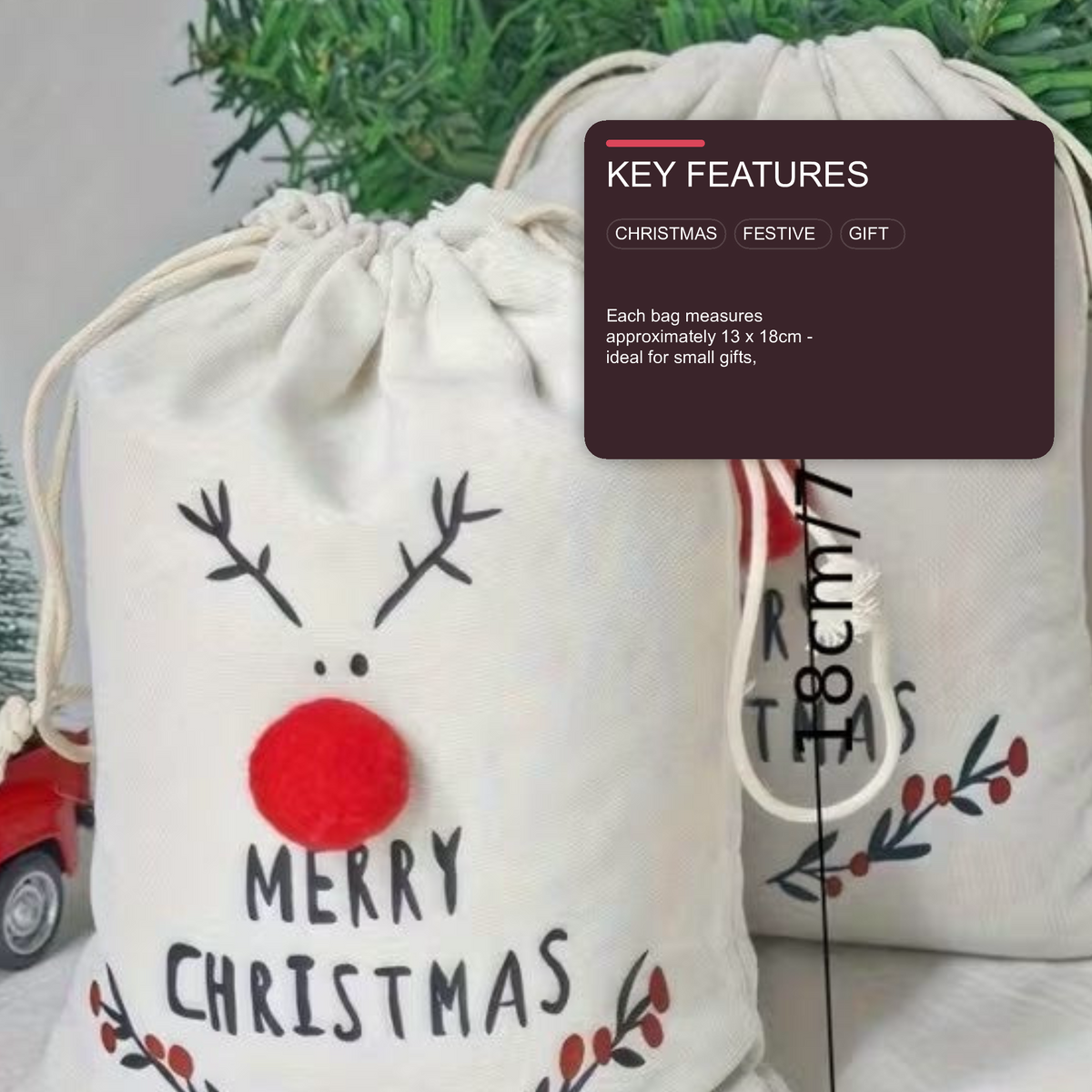 Christmas Reindeer Drawstring Gift Bags 3D Treat Canvas Party Pouches - Pack of 5 Christmas FoneFunShop