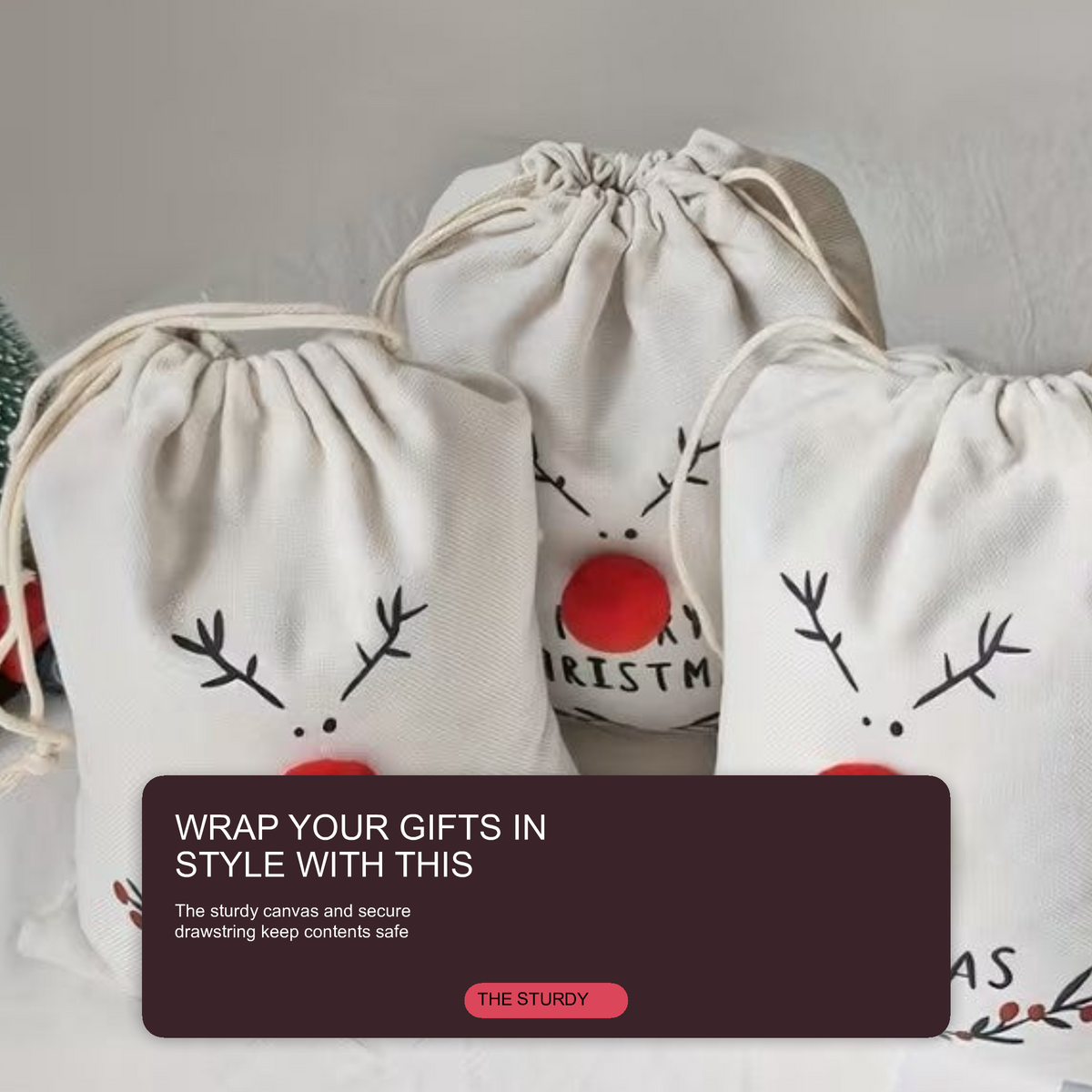 Christmas Reindeer Drawstring Gift Bags 3D Treat Canvas Party Pouches - Pack of 5 Christmas FoneFunShop