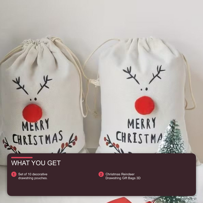 Christmas Reindeer Drawstring Gift Bags 3D Treat Canvas Party Pouches - Pack of 5 Christmas FoneFunShop