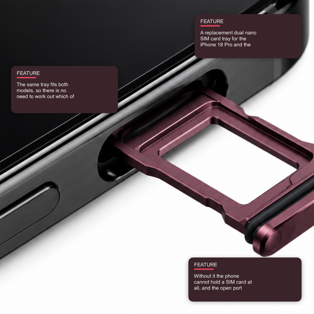 Dual Sim Tray For iPhone 18 Pro / 18 Pro Max Card Holder Burgundy Red Sim Tray FoneFunShop