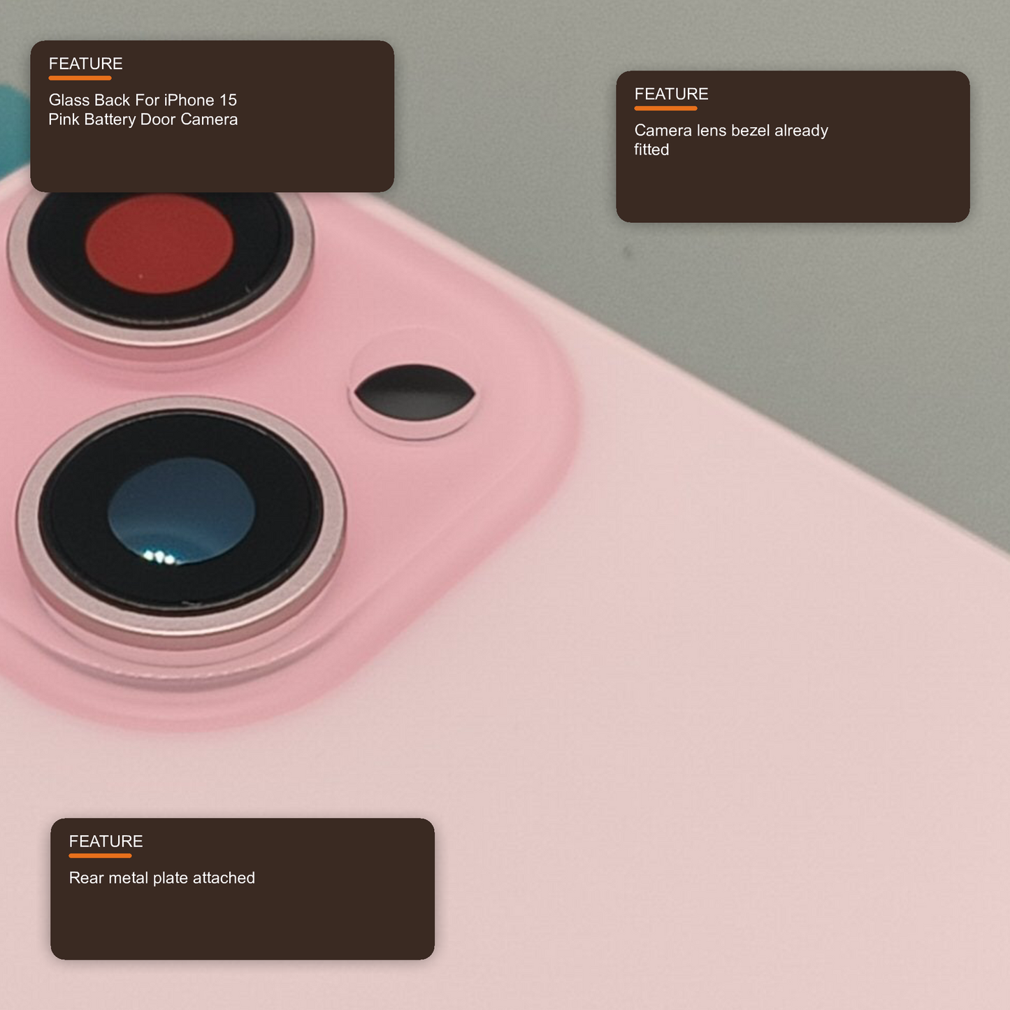 Glass Back For iPhone 15 Pink Battery Door Camera Lens Bezel Magnetism Ring + Metal Plate With Logo (OEM Used Pulled Part) Back Glass FoneFunShop